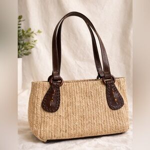 Fossil Straw & Leather Shoulder Bag | Boho Summer Tote | Brown Trim